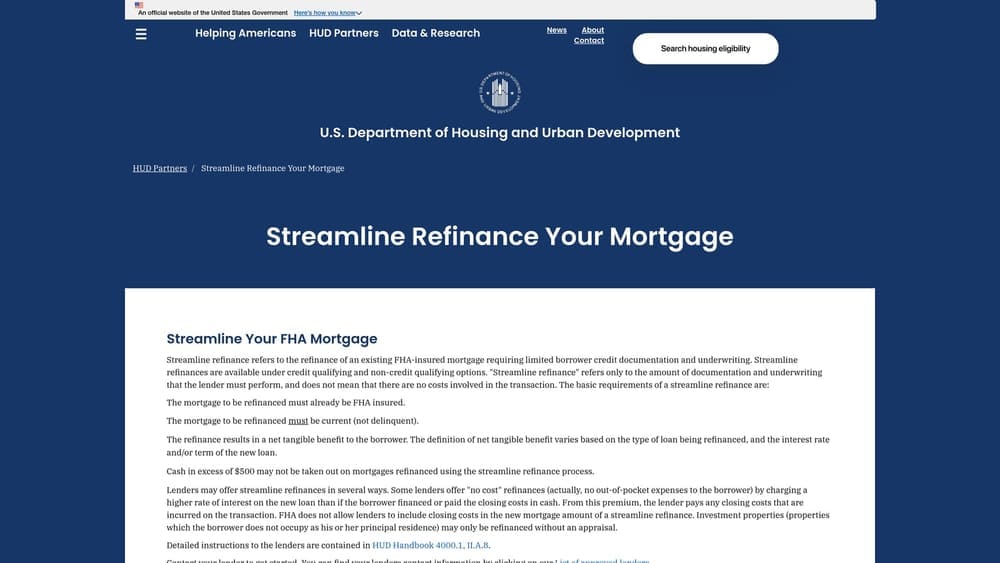 Screenshot of FHA Streamline Refinance website