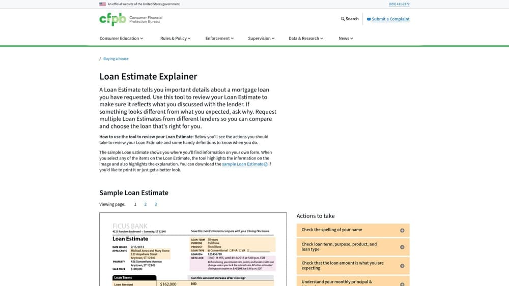 Screenshot of CFPB Loan Estimate Explainer Tool website