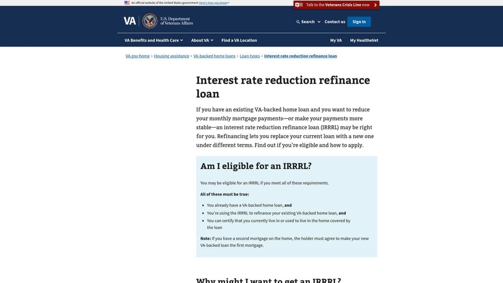 Screenshot of VA IRRRL (Interest Rate Reduction Refinance Loan) website