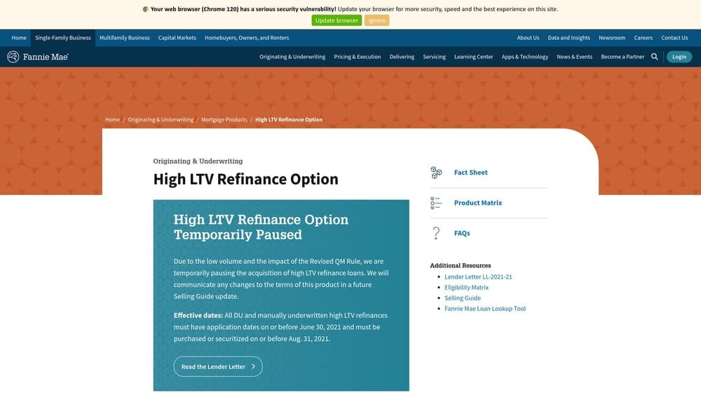 Screenshot of Fannie Mae High LTV Refinance Option (HIRO) website