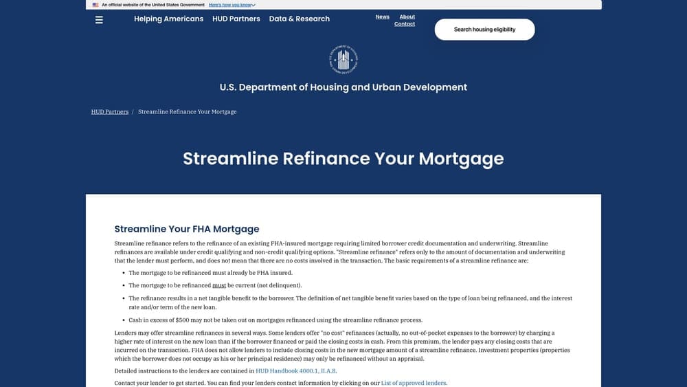 Screenshot of FHA Streamline Refinance website